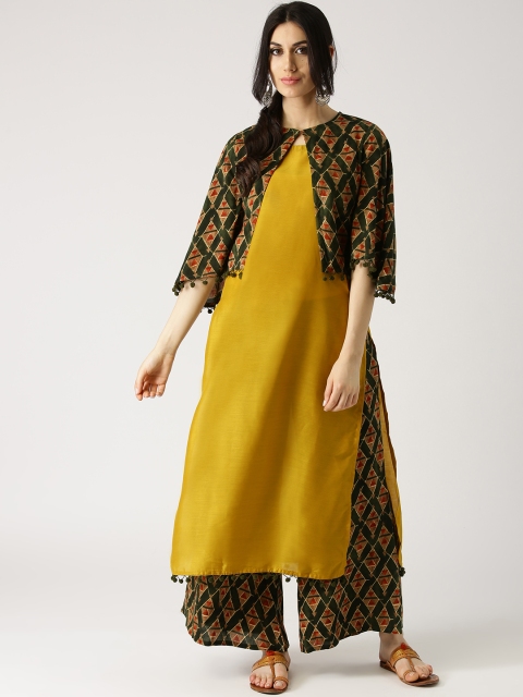 

Libas Women Mustard Yellow & Green Solid Kurta with Palazzos & Ethnic Jacket