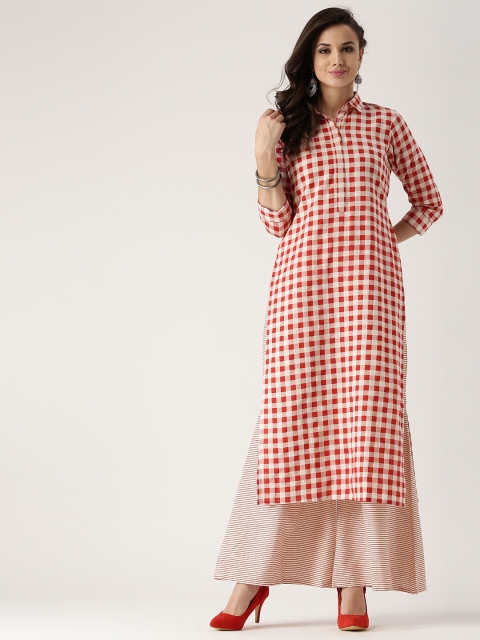 

Libas Women Red & Off-White Checked Kurta with Palazzos