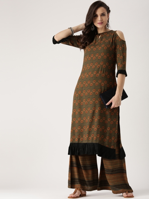 

Libas Women Olive Green & Orange Printed Kurta with Palazzos