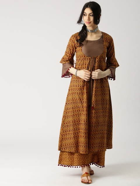 

Libas Women Mustard Yellow & Maroon Printed Layered A-Line Kurta with Palazzos