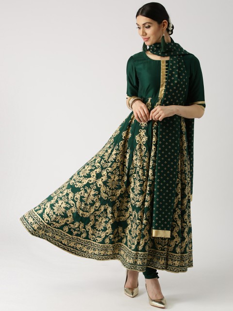 

Libas Women Green & Gold-Toned Printed Anarkali Kurta with Churidar