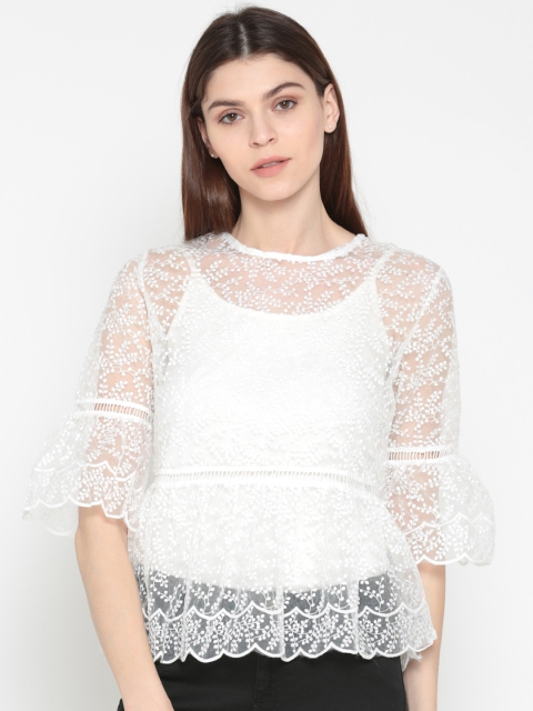 

Ginger by Lifestyle Women White Self Design Peplum Top