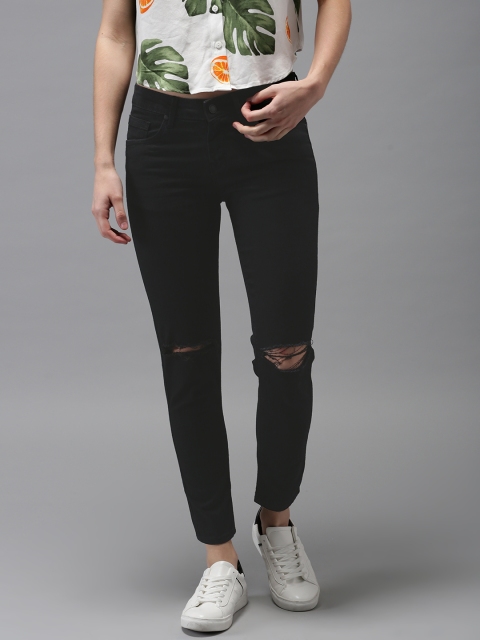 

HERE&NOW Women Black Skinny Fit Mid-Rise Slash Knee Stretchable Cropped Jeans