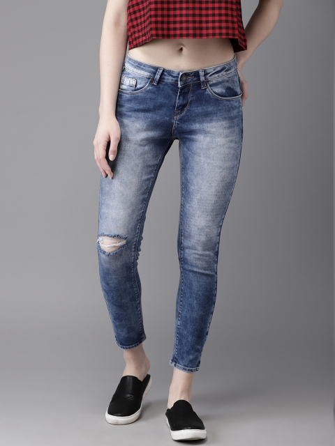 

HERE&NOW Women Blue Slim Fit Mid-Rise Cropped Mildly Distressed Stretchable Jeans