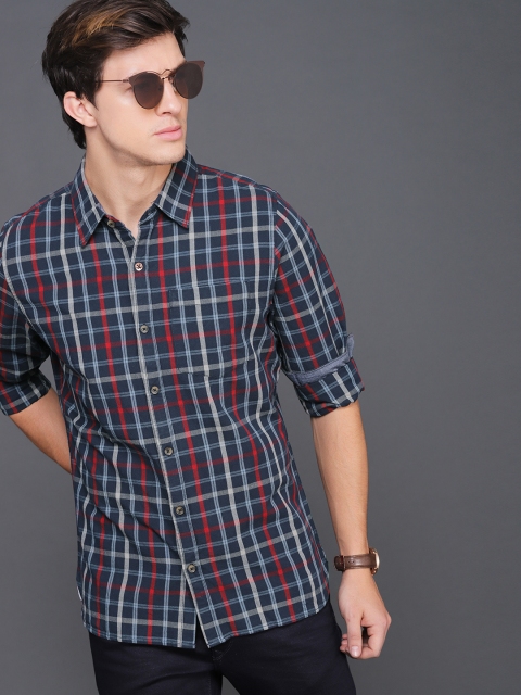 

WROGN Men Navy Blue & Beige Slim Fit Checked Casual Shirt