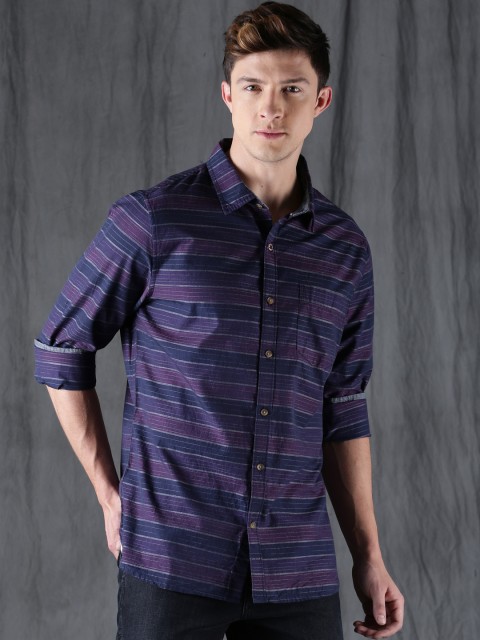 

WROGN Men Navy Blue & Purple Slim Fit Striped Casual Shirt