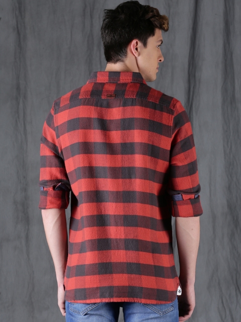 

WROGN Men Rust Red & Charcoal Slim Fit Checked Casual Shirt