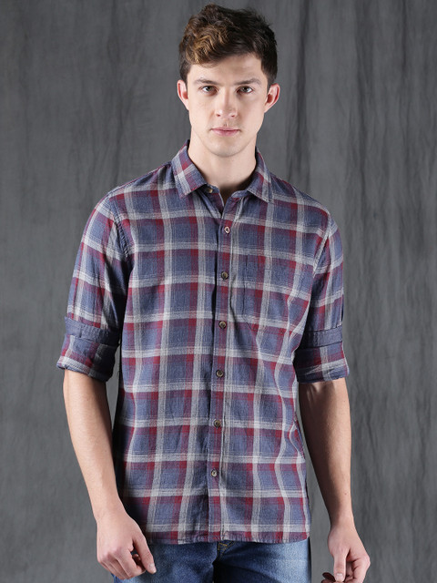 

WROGN Men Blue & Grey Slim Fit Checked Casual Shirt