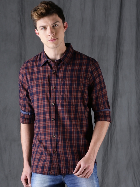 

WROGN Men Brown & Navy Blue Slim Fit Checked Casual Shirt