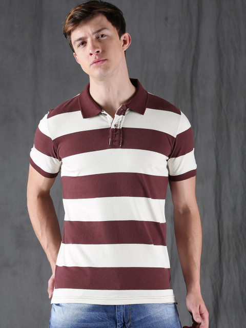 

WROGN Men Burgundy & Off-White Striped Polo T-shirt