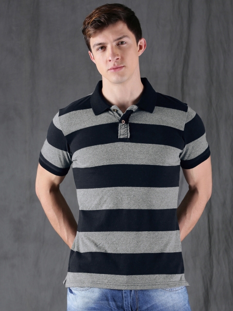 

WROGN Men Black & Grey Striped Polo T-shirt