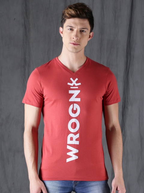 

WROGN Men Red Printed V-Neck T-shirt, Rust
