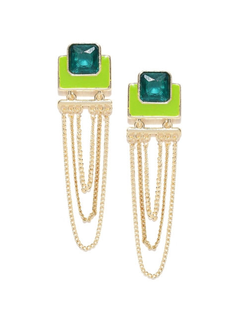 

Crunchy Fashion Gold-Toned & Green Stone-Studded Contemporary Drop Earrings