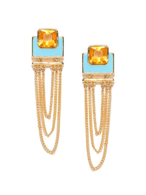 

Crunchy Fashion Gold-Toned & Blue Stone-Studded Geometric Drop Earrings