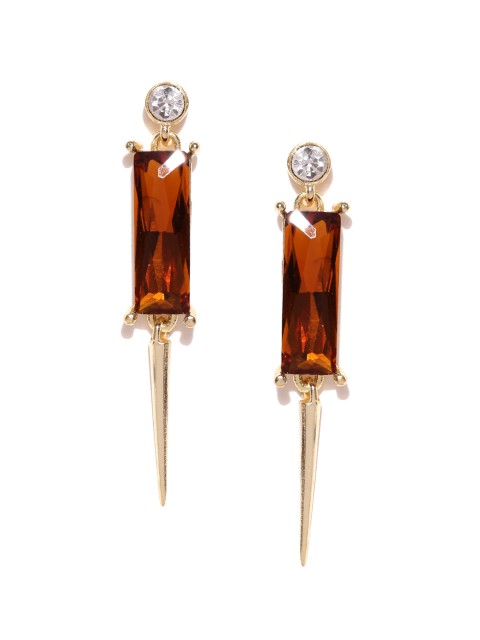 

Crunchy Fashion Gold-Toned & Brown Stone-Studded Geometric Drop Earrings