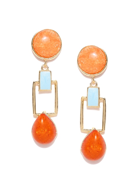 

Crunchy Fashion Gold-Toned & Orange Stone-Studded Geometric Drop Earrings