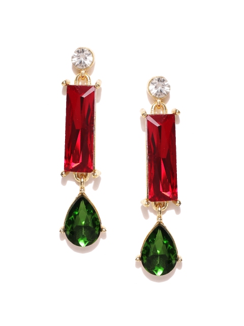

Crunchy Fashion Gold-Toned & Red Stone-Studded Geometric Drop Earrings
