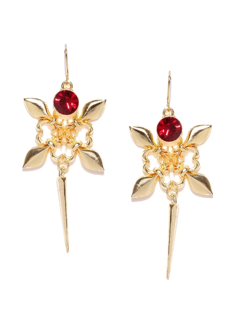 

Crunchy Fashion Gold-Toned & Red Stone-Studded Drop Earrings