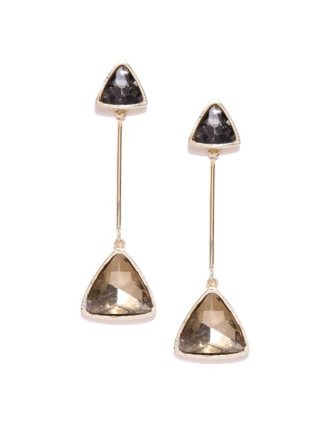 

Crunchy Fashion Gold-Toned & Black Stone-Studded Triangular Drop Earrings
