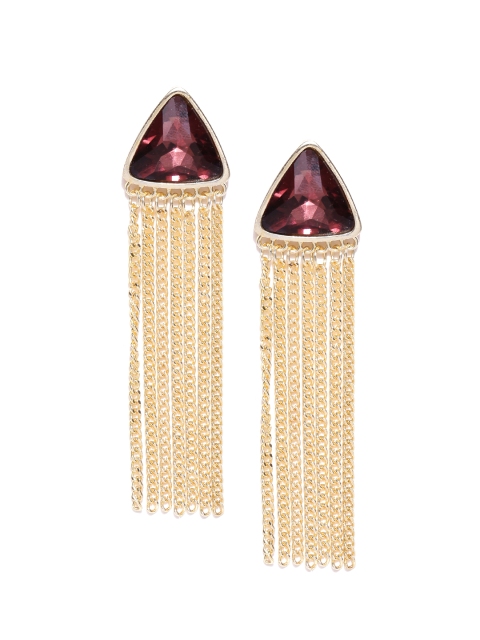 

Crunchy Fashion Gold-Toned & Brown Stone-Studded Triangular Tasselled Earrings