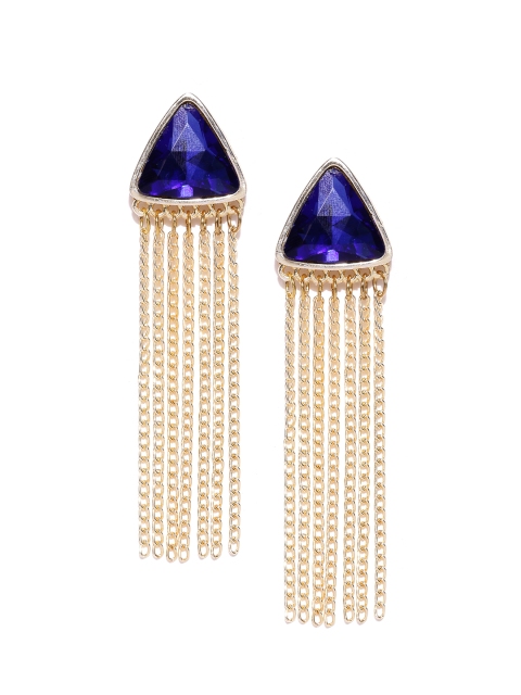 

Crunchy Fashion Gold-Toned & Navy Blue Stone-Studded Triangular Tasselled Earrings
