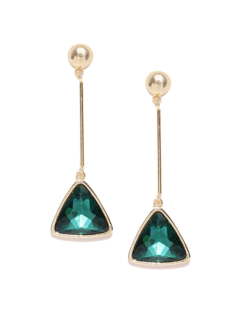

Crunchy Fashion Gold-Toned & Green Stone-Studded Triangular Drop Earrings