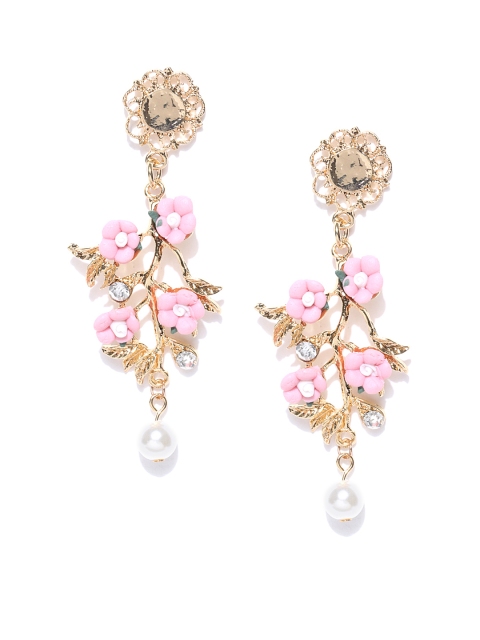 

Crunchy Fashion Pink & Gold-Toned Floral Drop Earrings