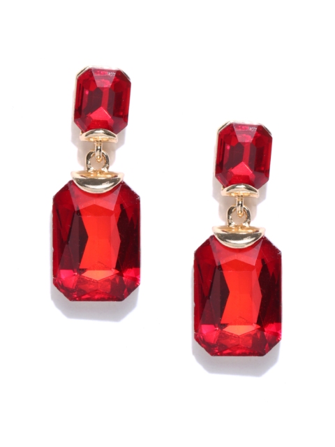

Crunchy Fashion Red Geometric Stone-Studded Drop Earrings