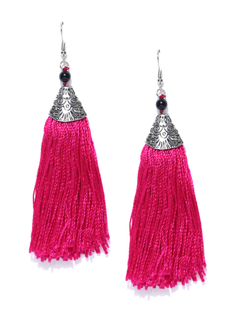 

Crunchy Fashion Silver-Toned & Pink Tasseled Contemporary Drop Earrings