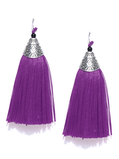 

Crunchy Fashion Silver-Toned & Purple Tasseled Contemporary Drop Earrings