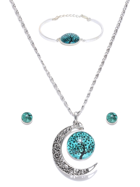 

Crunchy Fashion Oxidised Silver-Toned & Green 3D Print Jewellery Set