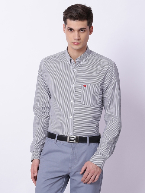 

THE BEAR HOUSE Men White & Grey Slim Fit Striped Semiformal Shirt