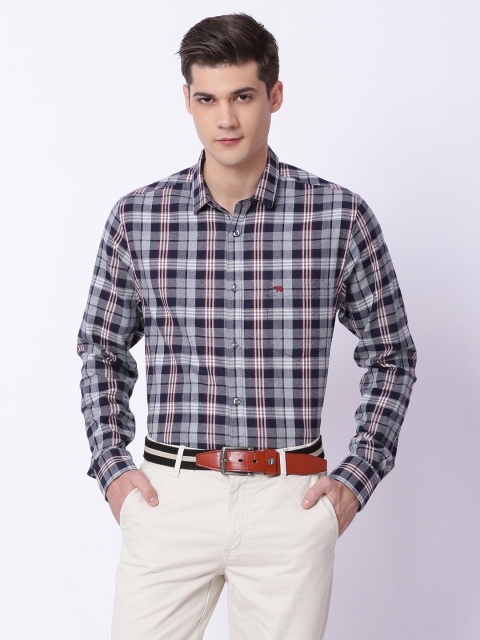 

THE BEAR HOUSE Men Grey & Navy Blue Slim Fit Checked Semiformal Shirt
