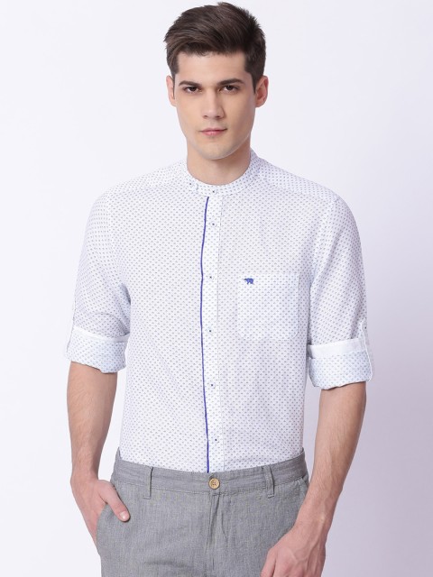 

THE BEAR HOUSE Men White & Blue Slim Fit Sport Linen Printed Semiformal Shirt
