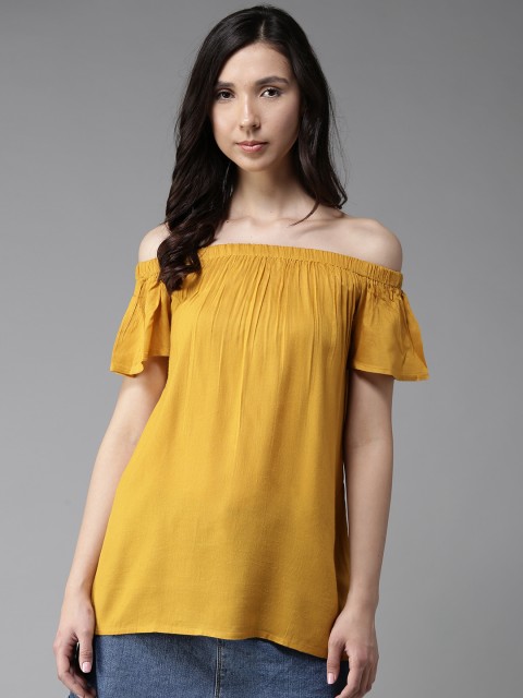 

Moda Rapido Women Mustard Yellow Solid Bardot Top