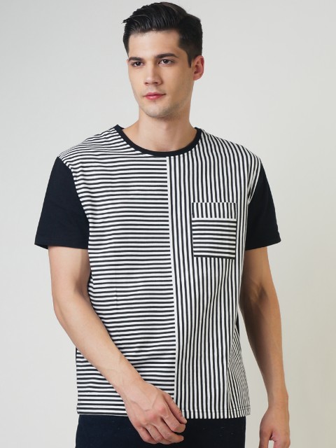 

Blue Saint Men Black & White Striped Round Neck T-shirt