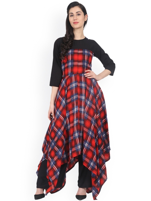

Nayo Women Red & Blue Checked Straight Kurta