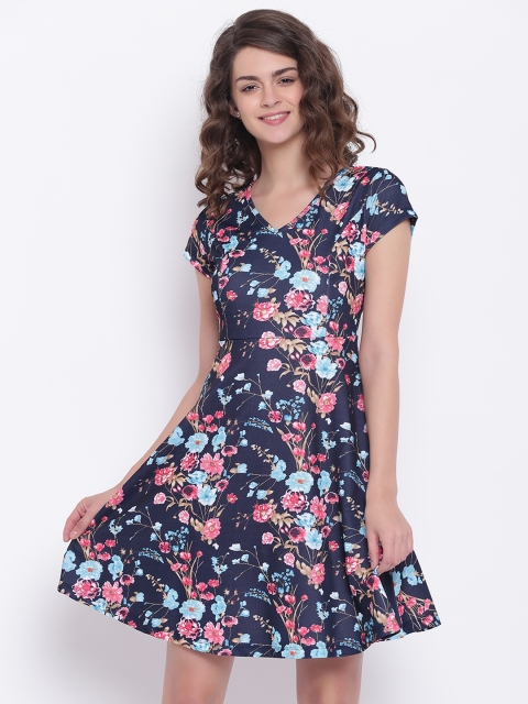 

Honey by Pantaloons Women Navy & Pink Floral Printed Fit and Flare Dress, Navy blue