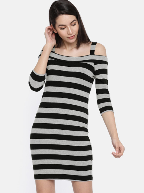

Honey by Pantaloons Women Black & Grey Striped Cold-shoulder Bodycon Dress