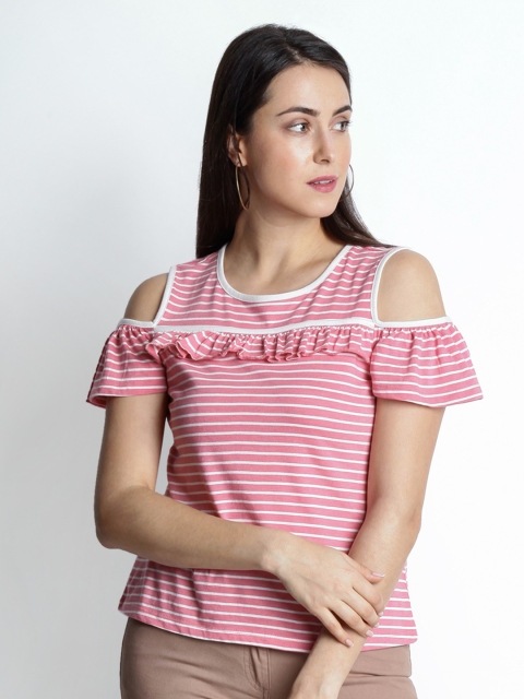 

Honey by Pantaloons Women Pink Striped Cold-Shoulder Top