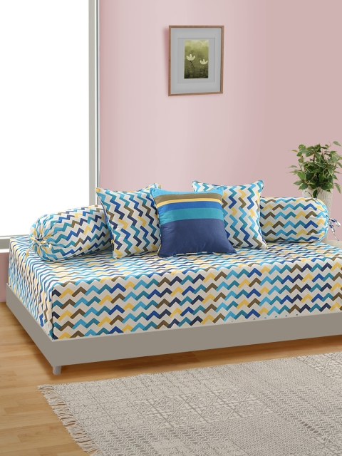 

SWAYAM Set Of 6 White And Blue Geometric Diwan Set with Bolster and Cushion Covers