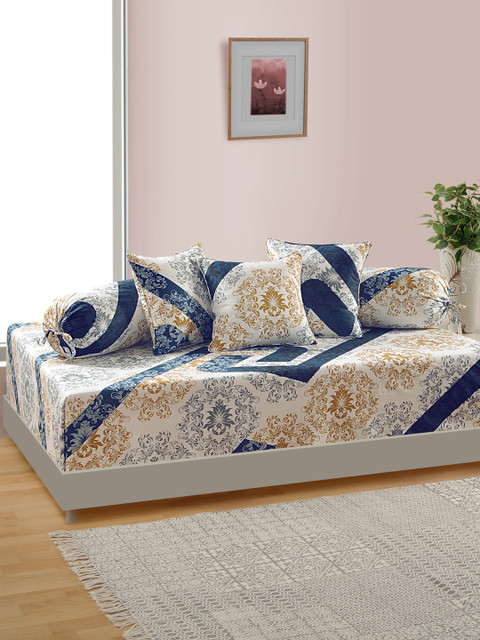 

SWAYAM Set of 6 White And Navy Blue Floral Diwan Set with Bolster and Cushion Covers