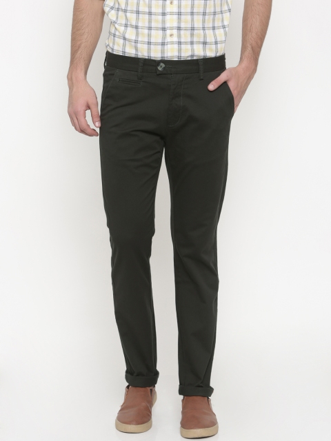 

Peter England Casuals Men Olive Green Super Slim Fit Solid Chinos