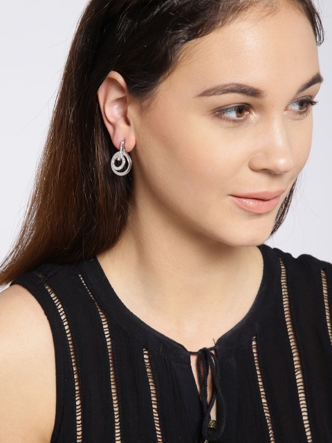 

OOMPH Silver-Plated Circular CZ Stone-Studded Drop Earrings