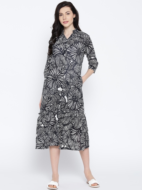 

Ayaany Women Black & Off-White Printed Midi Shirt Dress