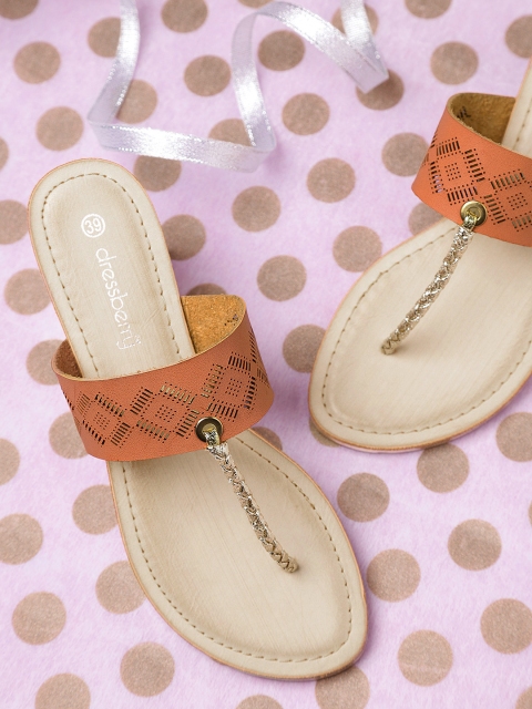 

DressBerry Women Rust Brown Cut-Out T-Strap Flats