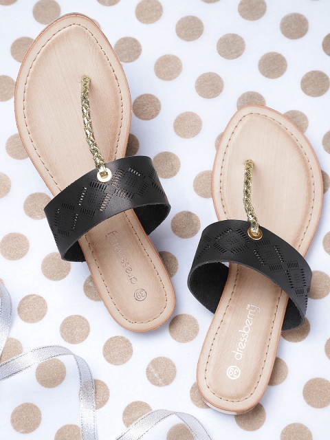 

DressBerry Women Black Cut-Out T-Strap Flats