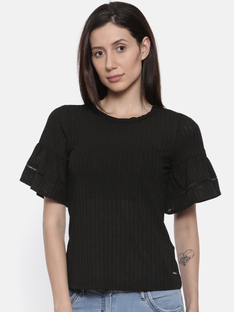 

109F Women Black Striped Semi-Sheer Top