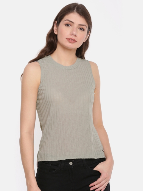 

109F Women Green Self-Striped Top