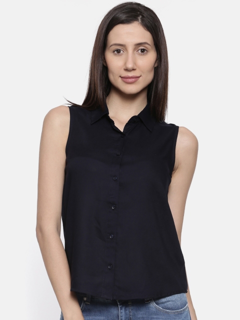 

109F Women Navy Blue Solid Shirt Style Top